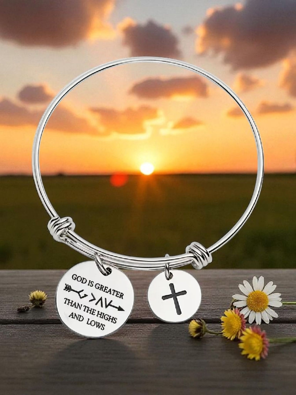 God Is Greater Stainless Steel Charm Bangle Bracelet